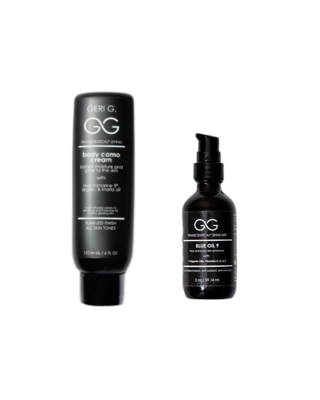 Two black bottles with 'GG' branding on a white background