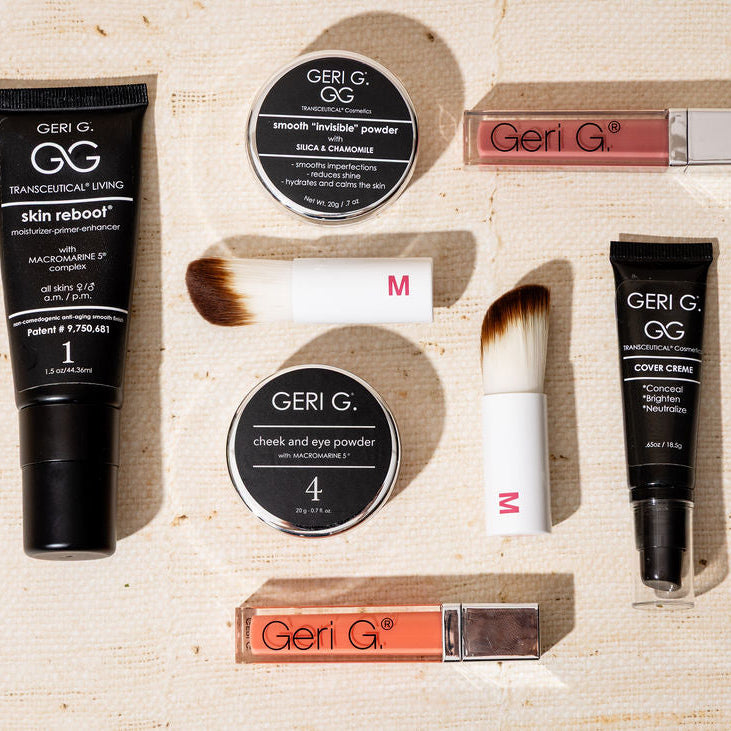 Collection of GERI G makeup products on a textured beige background
