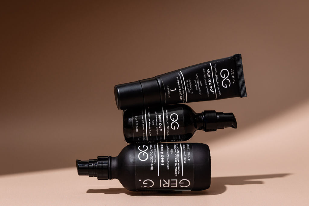 Geri G. bottles with labels on a beige background, skin reboot, blue oil 9 and sleep and recover