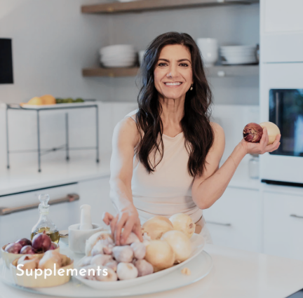 Geri G and supplements in her kitchen with onions